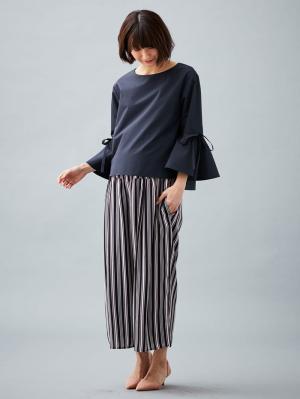 マタニティ ワンピース|LOVE MIC（ラブミック）デシンマルチストライプワイドパンツ【出産後も長く使える】