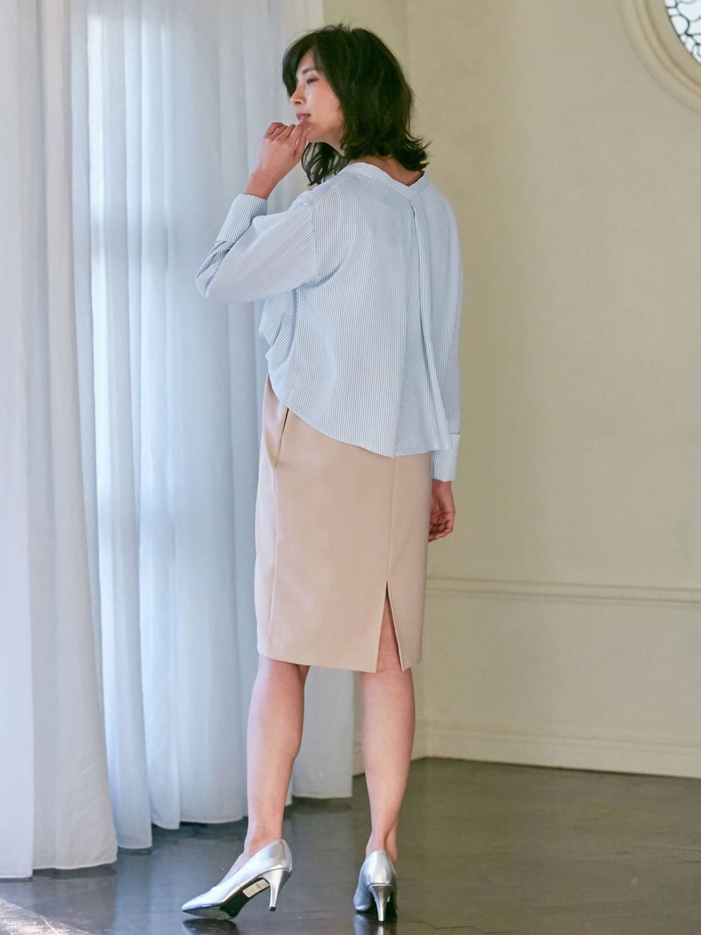 マタニティ ワンピース|LOVE MIC（ラブミック）防汚加工　ブラウス×スリットスカート2WAYワンピース　マタニティ・授乳服【出産後も長く使える】|サックス