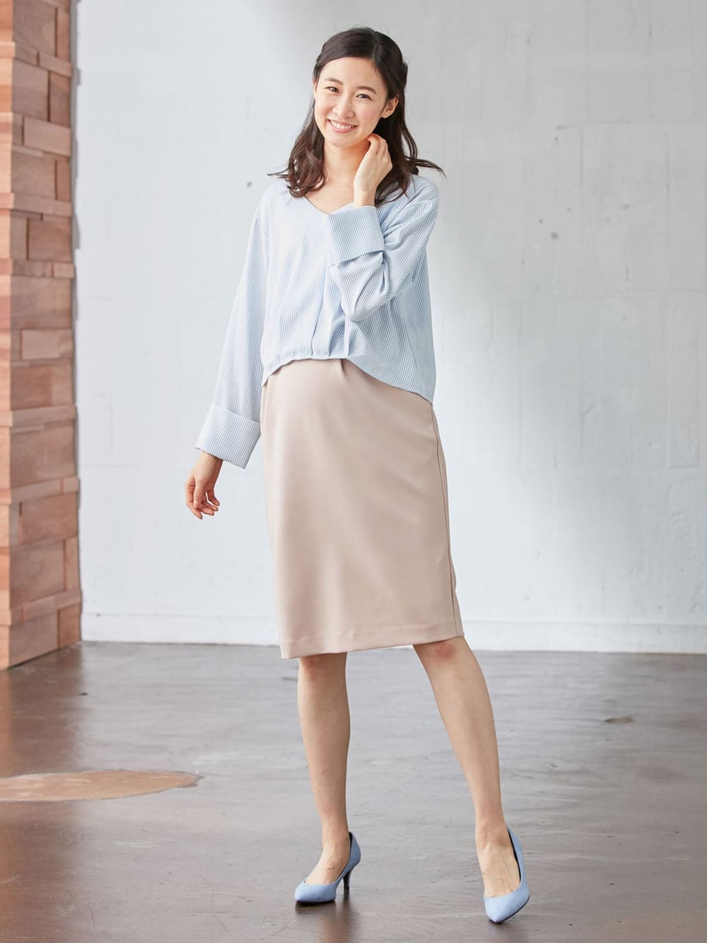 マタニティ ワンピース|LOVE MIC（ラブミック）防汚加工　ブラウス×スリットスカート2WAYワンピース　マタニティ・授乳服【出産後も長く使える】|サックス