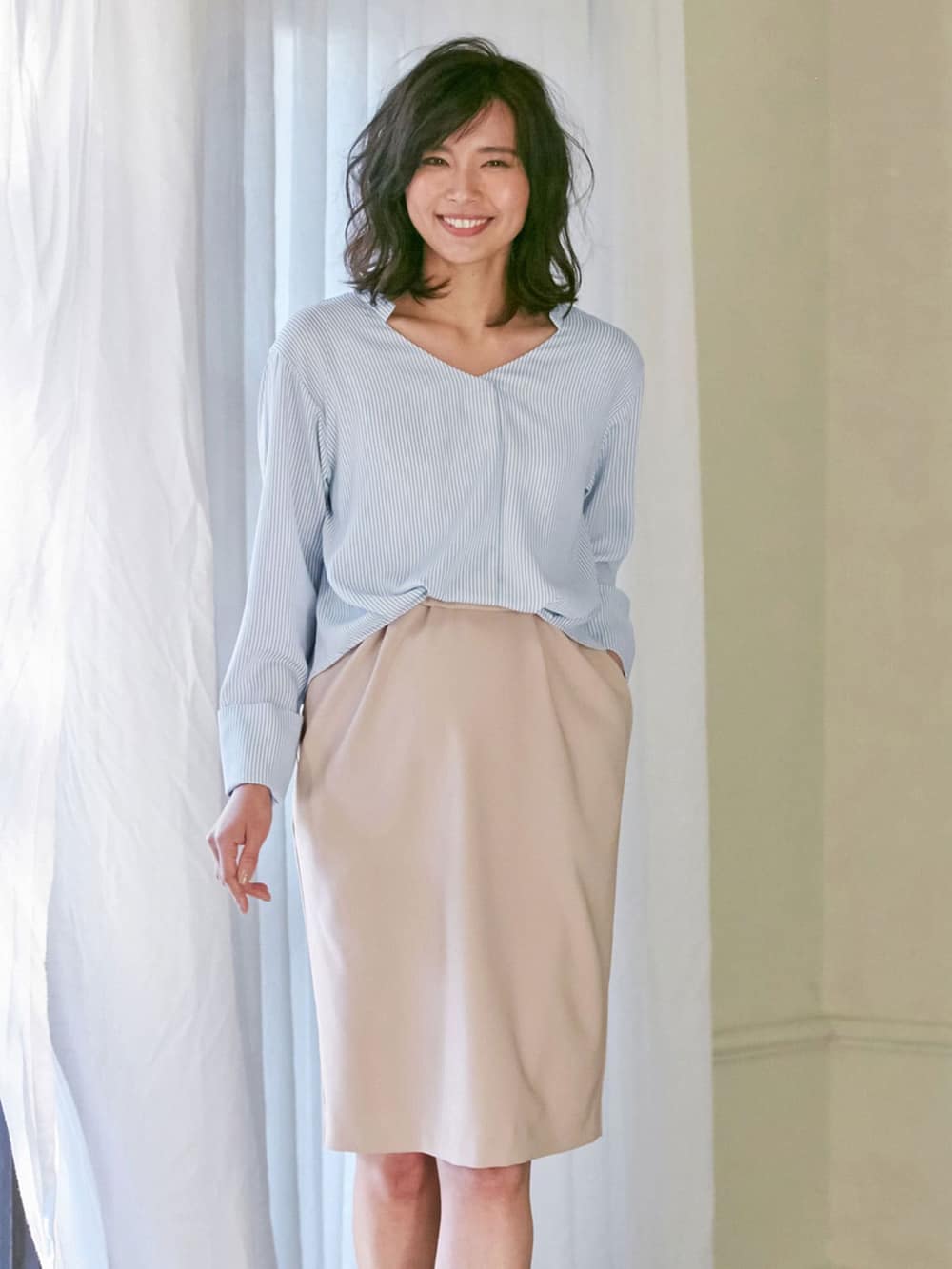 マタニティ ワンピース|LOVE MIC（ラブミック）防汚加工　ブラウス×スリットスカート2WAYワンピース　マタニティ・授乳服【出産後も長く使える】|サックス