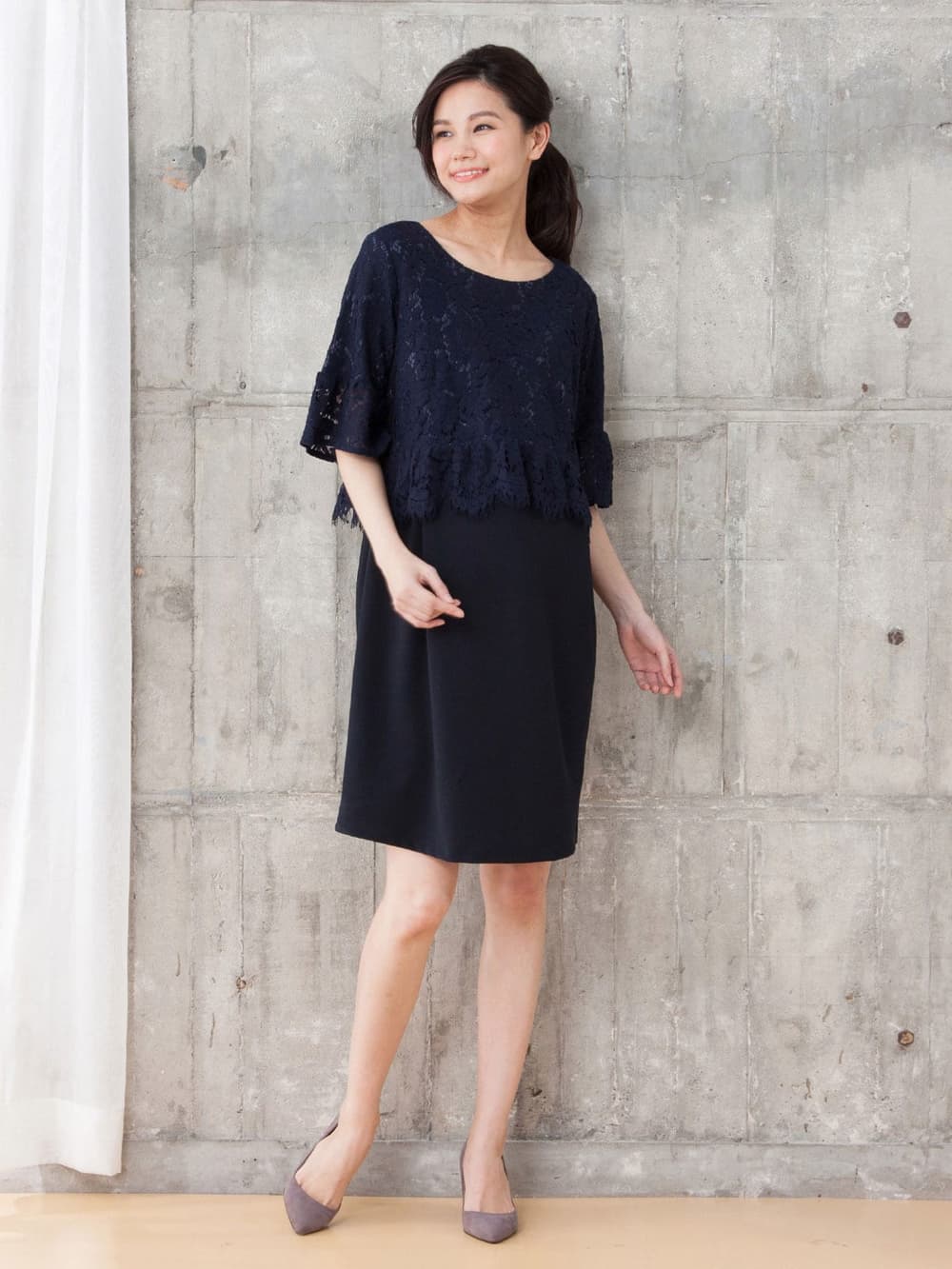 マタニティ ワンピース|LOVE MIC（ラブミック）レースフレアスリーブ×強撚スムースワンピース　マタニティ・授乳服【出産後も長く使える】|ネイビー