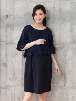 マタニティ ワンピース|LOVE MIC（ラブミック）レースフレアスリーブ×強撚スムースワンピース　マタニティ・授乳服【出産後も長く使える】|ネイビー