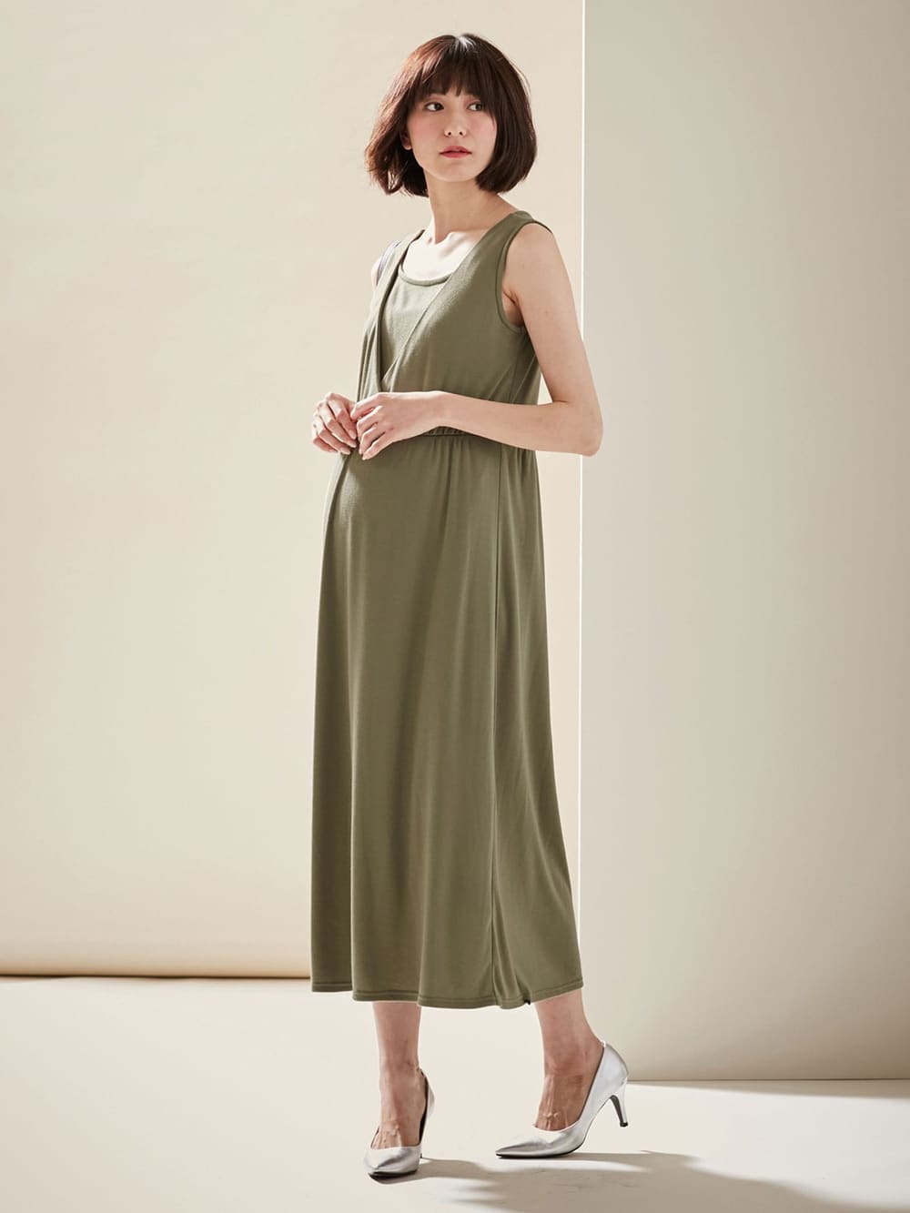 マタニティ ワンピース|ain（アイン）【セット】ストライプオープンショルダートップス×スムースマキシワンピセット　マタニティ・授乳服【出産後も長く使える】|オフ