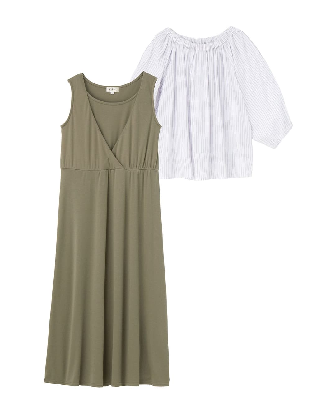 マタニティ ワンピース|ain（アイン）【セット】ストライプオープンショルダートップス×スムースマキシワンピセット　マタニティ・授乳服【出産後も長く使える】|オフ