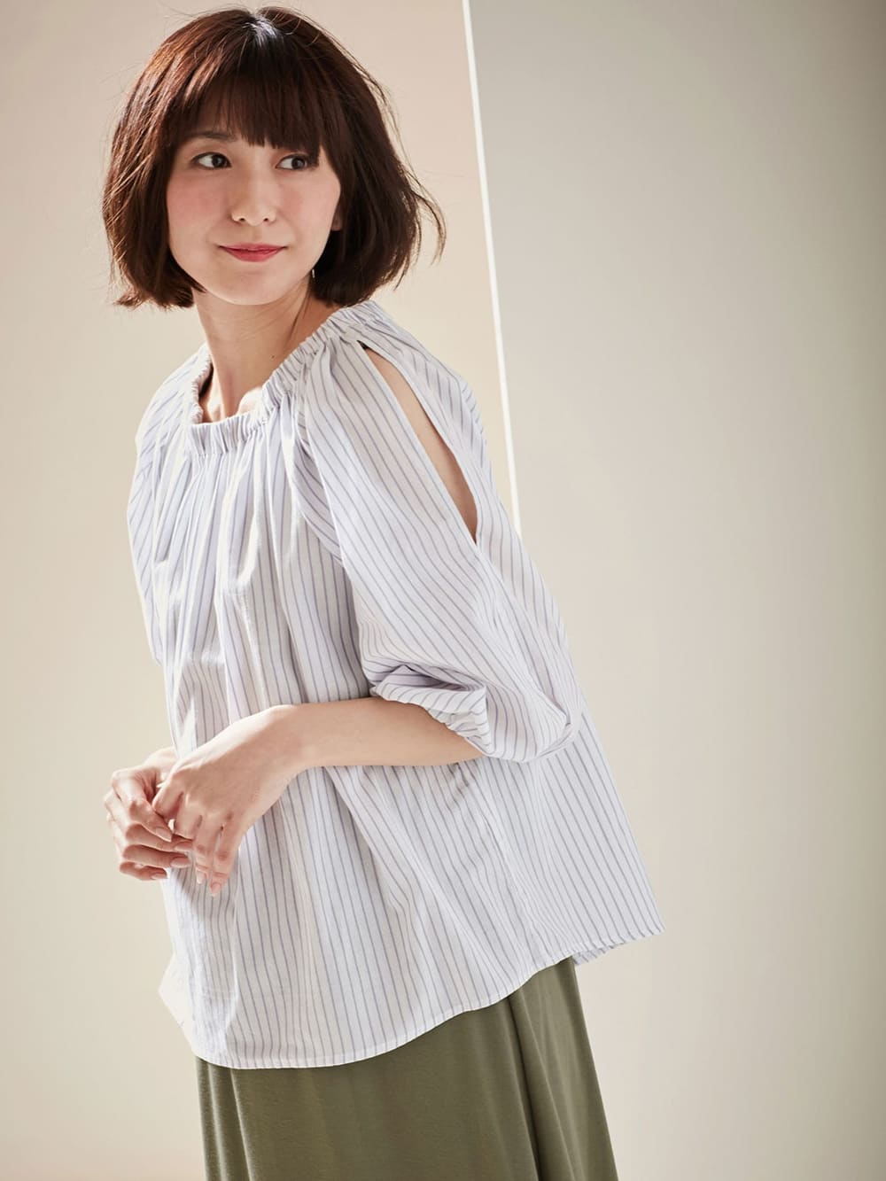 マタニティ ワンピース|ain（アイン）【セット】ストライプオープンショルダートップス×スムースマキシワンピセット　マタニティ・授乳服【出産後も長く使える】|オフ