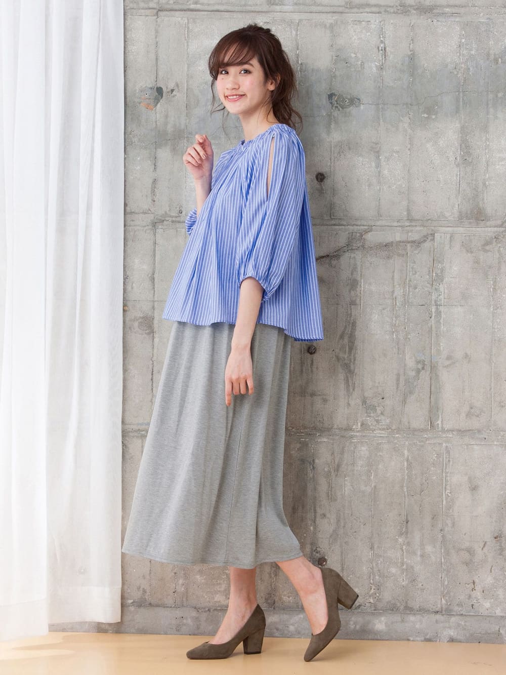 マタニティ ワンピース|ain（アイン）【セット】ストライプオープンショルダートップス×スムースマキシワンピセット　マタニティ・授乳服【出産後も長く使える】|サックス