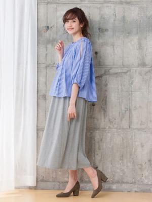 マタニティ ワンピース|ain（アイン）【セット】ストライプオープンショルダートップス×スムースマキシワンピセット　マタニティ・授乳服【出産後も長く使える】|サックス