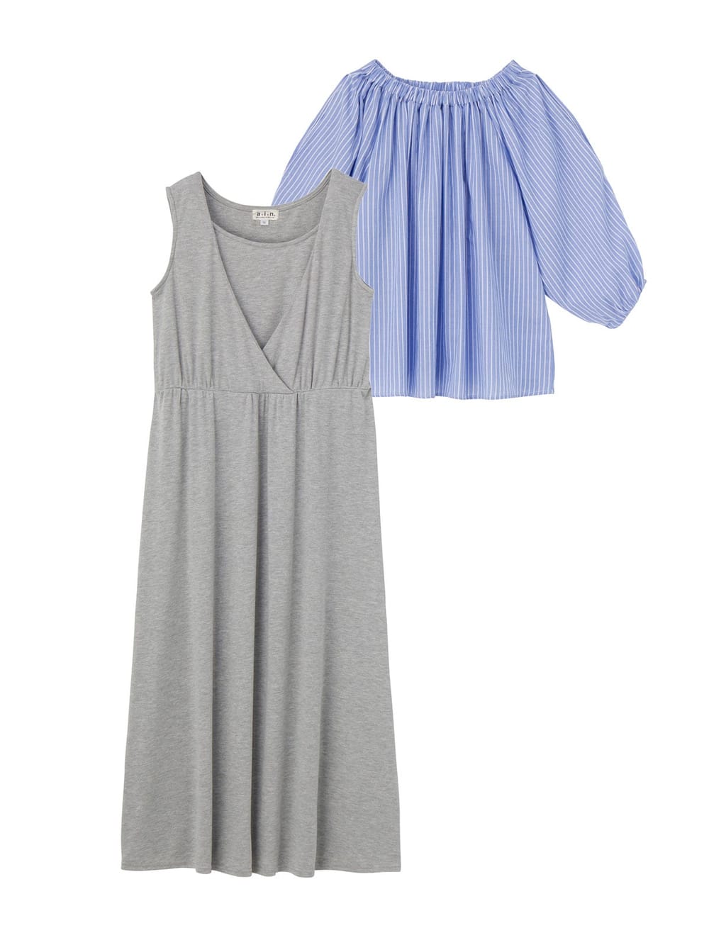 マタニティ ワンピース|ain（アイン）【セット】ストライプオープンショルダートップス×スムースマキシワンピセット　マタニティ・授乳服【出産後も長く使える】|サックス