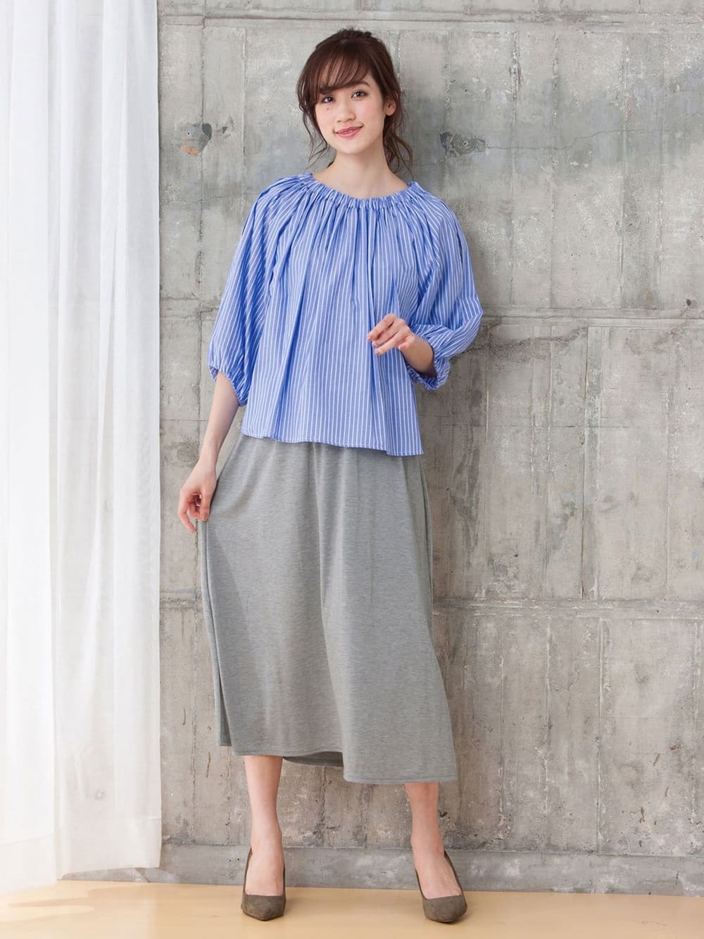 マタニティ ワンピース|ain（アイン）【セット】ストライプオープンショルダートップス×スムースマキシワンピセット　マタニティ・授乳服【出産後も長く使える】|サックス