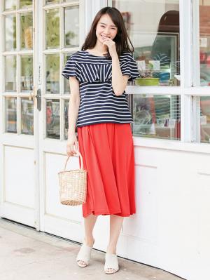 マタニティ ワンピース|ain(アイン)【セット】ボーダーフリルトップス×スカートセット マタニティ・授乳服【出産後も長く使える】|ネイビー