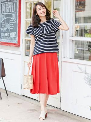 マタニティ ワンピース|ain(アイン)【セット】ボーダーフリルトップス×スカートセット マタニティ・授乳服【出産後も長く使える】|ネイビー