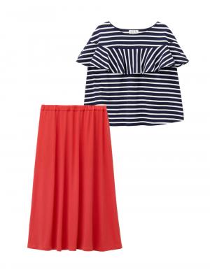 マタニティ ワンピース|ain(アイン)【セット】ボーダーフリルトップス×スカートセット マタニティ・授乳服【出産後も長く使える】|ネイビー