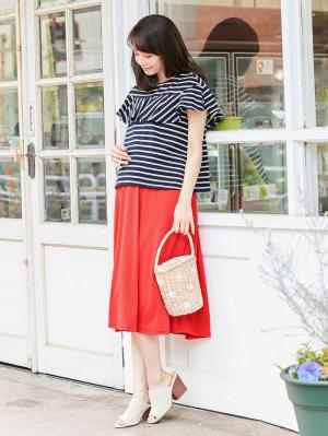 マタニティ ワンピース|ain(アイン)【セット】ボーダーフリルトップス×スカートセット マタニティ・授乳服【出産後も長く使える】|ネイビー