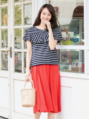 マタニティ ワンピース|ain(アイン)【セット】ボーダーフリルトップス×スカートセット マタニティ・授乳服【出産後も長く使える】|ネイビー