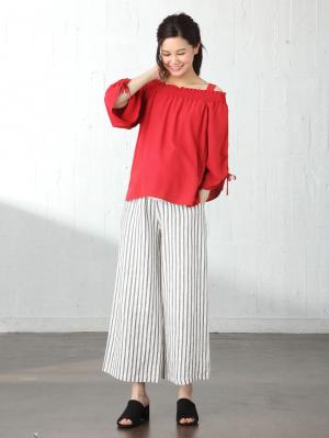 マタニティ トップス|【マタニティ・授乳服】ain(アイン)麻調エステル3WAYオフショルダートップス【出産後も長く使える】|レッド