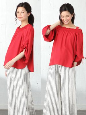 マタニティ トップス|【マタニティ・授乳服】ain(アイン)麻調エステル3WAYオフショルダートップス【出産後も長く使える】|レッド