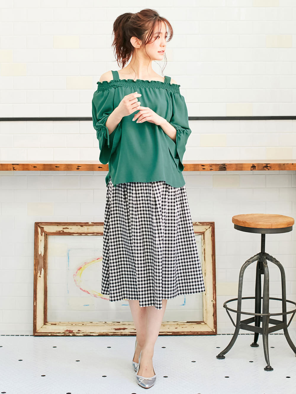 マタニティ トップス|【マタニティ・授乳服】ain（アイン）麻調エステル3WAYオフショルダートップス【出産後も長く使える】|グリーン