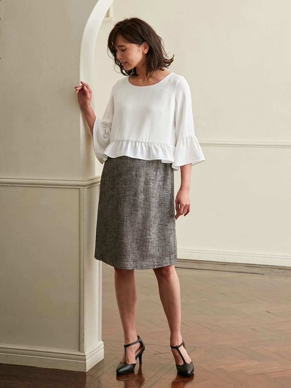 マタニティ ワンピース|LOVE MIC（ラブミック）ラメツイード袖フレアワンピース　マタニティ・授乳服【出産後も長く使える】