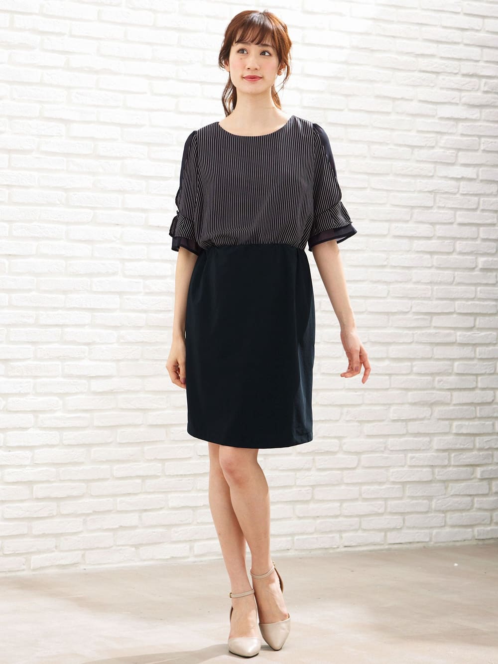 マタニティ ワンピース|【マタニティ・授乳服】LOVE MIC（ラブミック）接触冷感ひんやりウォッシャブル　袖シフォンワンピース【出産後も長く使える】|ネイビー