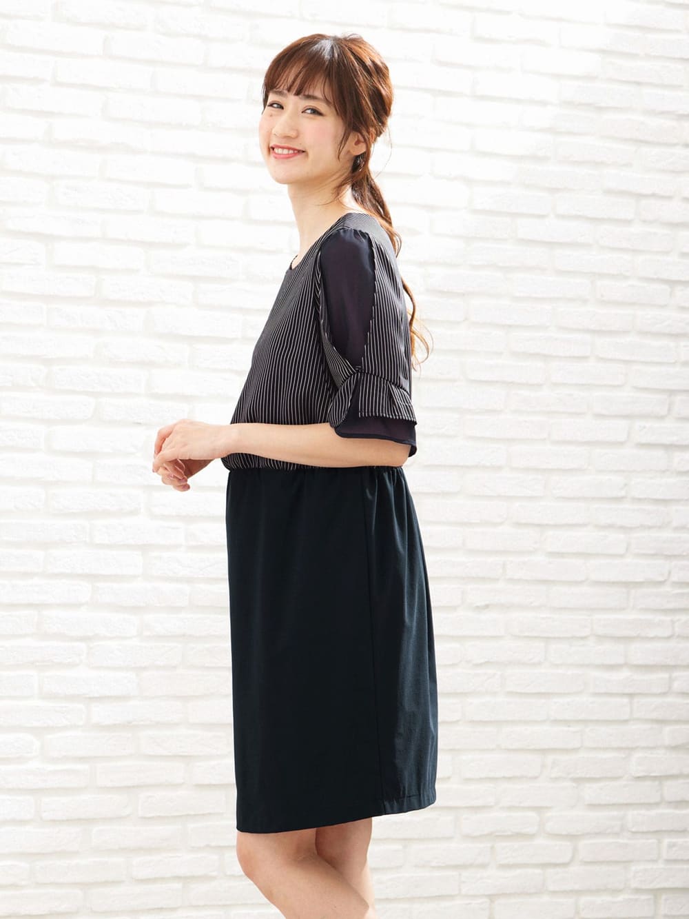 マタニティ ワンピース|【マタニティ・授乳服】LOVE MIC（ラブミック）接触冷感ひんやりウォッシャブル　袖シフォンワンピース【出産後も長く使える】|ネイビー