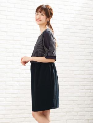 マタニティ ワンピース|【マタニティ・授乳服】LOVE MIC（ラブミック）接触冷感ひんやりウォッシャブル　袖シフォンワンピース【出産後も長く使える】|ネイビー