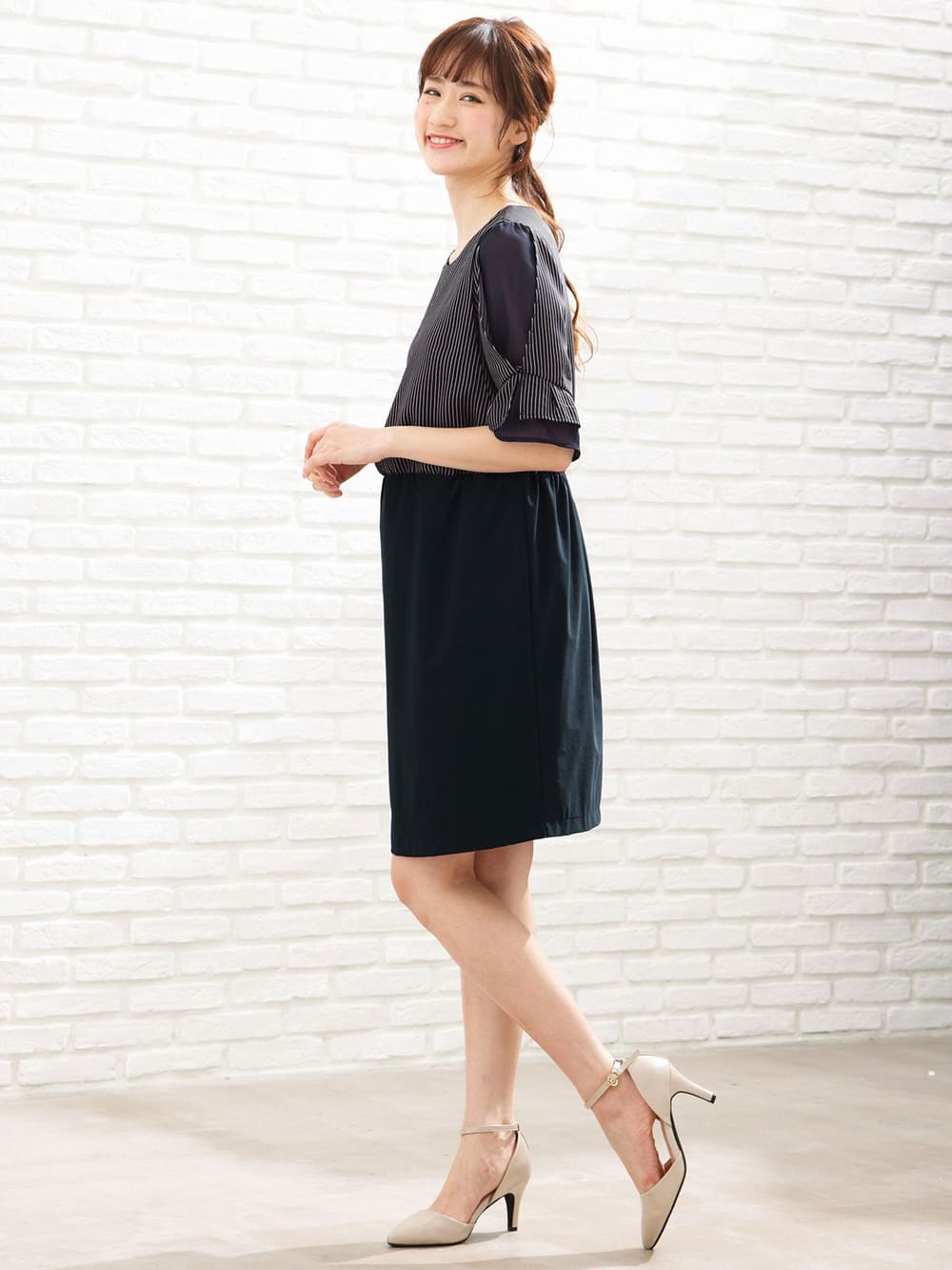 マタニティ ワンピース|【マタニティ・授乳服】LOVE MIC（ラブミック）接触冷感ひんやりウォッシャブル　袖シフォンワンピース【出産後も長く使える】|ネイビー