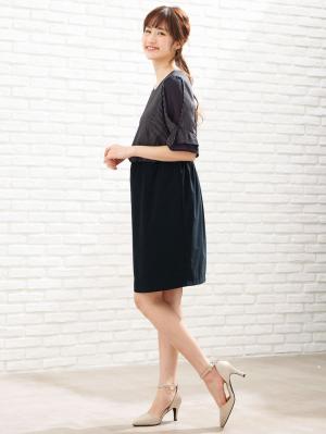 マタニティ ワンピース|【マタニティ・授乳服】LOVE MIC（ラブミック）接触冷感ひんやりウォッシャブル　袖シフォンワンピース【出産後も長く使える】|ネイビー