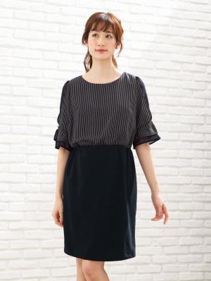 マタニティ ワンピース|【マタニティ・授乳服】LOVE MIC（ラブミック）接触冷感ひんやりウォッシャブル　袖シフォンワンピース【出産後も長く使える】|ネイビー