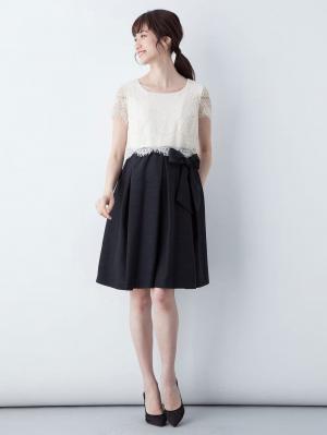 マタニティ ワンピース|LOVE MIC（ラブミック）リバーレース×シャンタン ウエストリボンワンピース　マタニティ・授乳服【出産後も長く使える】|オフ