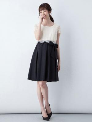 マタニティ ワンピース|LOVE MIC（ラブミック）リバーレース×シャンタン ウエストリボンワンピース　マタニティ・授乳服【出産後も長く使える】|オフ