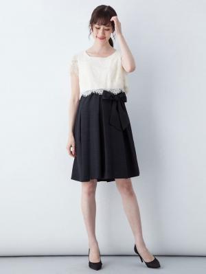 マタニティ ワンピース|LOVE MIC（ラブミック）リバーレース×シャンタン ウエストリボンワンピース　マタニティ・授乳服【出産後も長く使える】|オフ