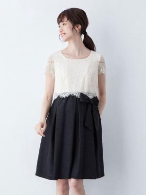 マタニティ ワンピース|LOVE MIC（ラブミック）リバーレース×シャンタン ウエストリボンワンピース　マタニティ・授乳服【出産後も長く使える】|オフ