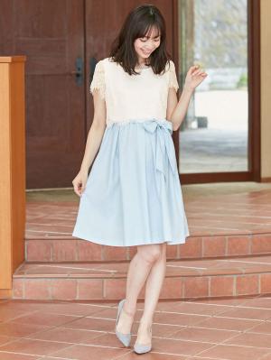 マタニティ ワンピース|LOVE MIC（ラブミック）リバーレース×シャンタン ウエストリボンワンピース　マタニティ・授乳服【出産後も長く使える】|サックス