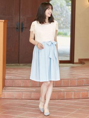 マタニティ ワンピース|LOVE MIC（ラブミック）リバーレース×シャンタン ウエストリボンワンピース　マタニティ・授乳服【出産後も長く使える】|サックス