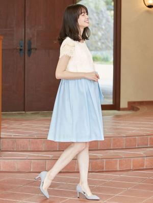 マタニティ ワンピース|LOVE MIC（ラブミック）リバーレース×シャンタン ウエストリボンワンピース　マタニティ・授乳服【出産後も長く使える】|サックス