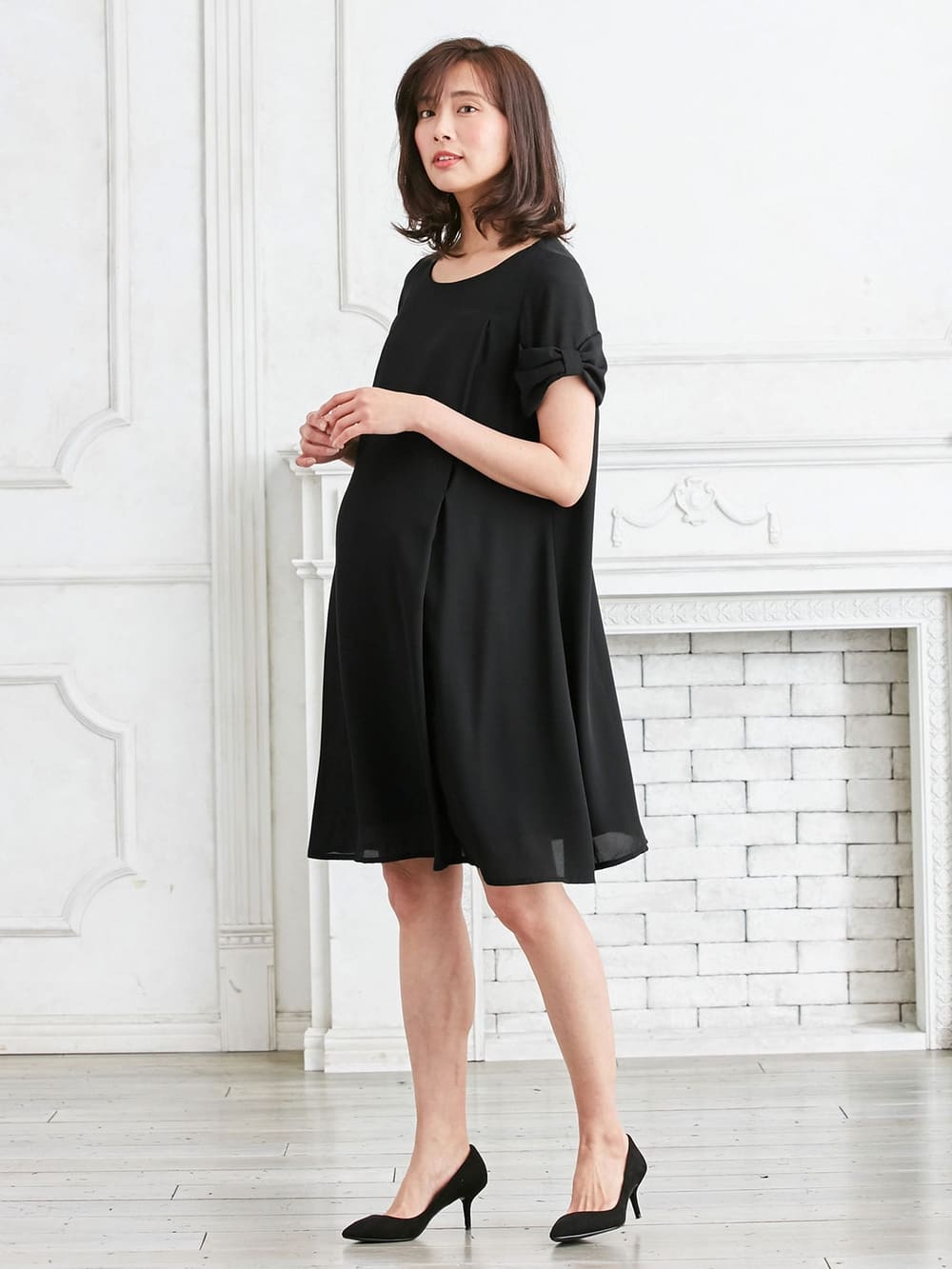 マタニティ ワンピース|LOVE MIC（ラブミック）梨地ジョーゼット　袖リボンワンピース　マタニティ・授乳服【出産後も長く使える】|ブラック