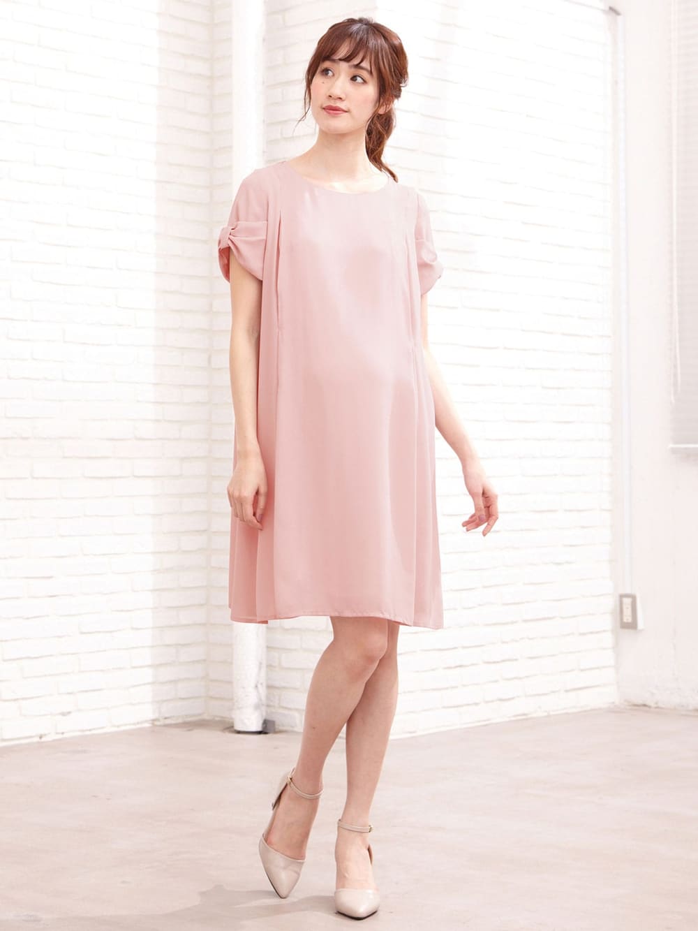 マタニティ ワンピース|LOVE MIC（ラブミック）梨地ジョーゼット　袖リボンワンピース　マタニティ・授乳服【出産後も長く使える】|ピンク