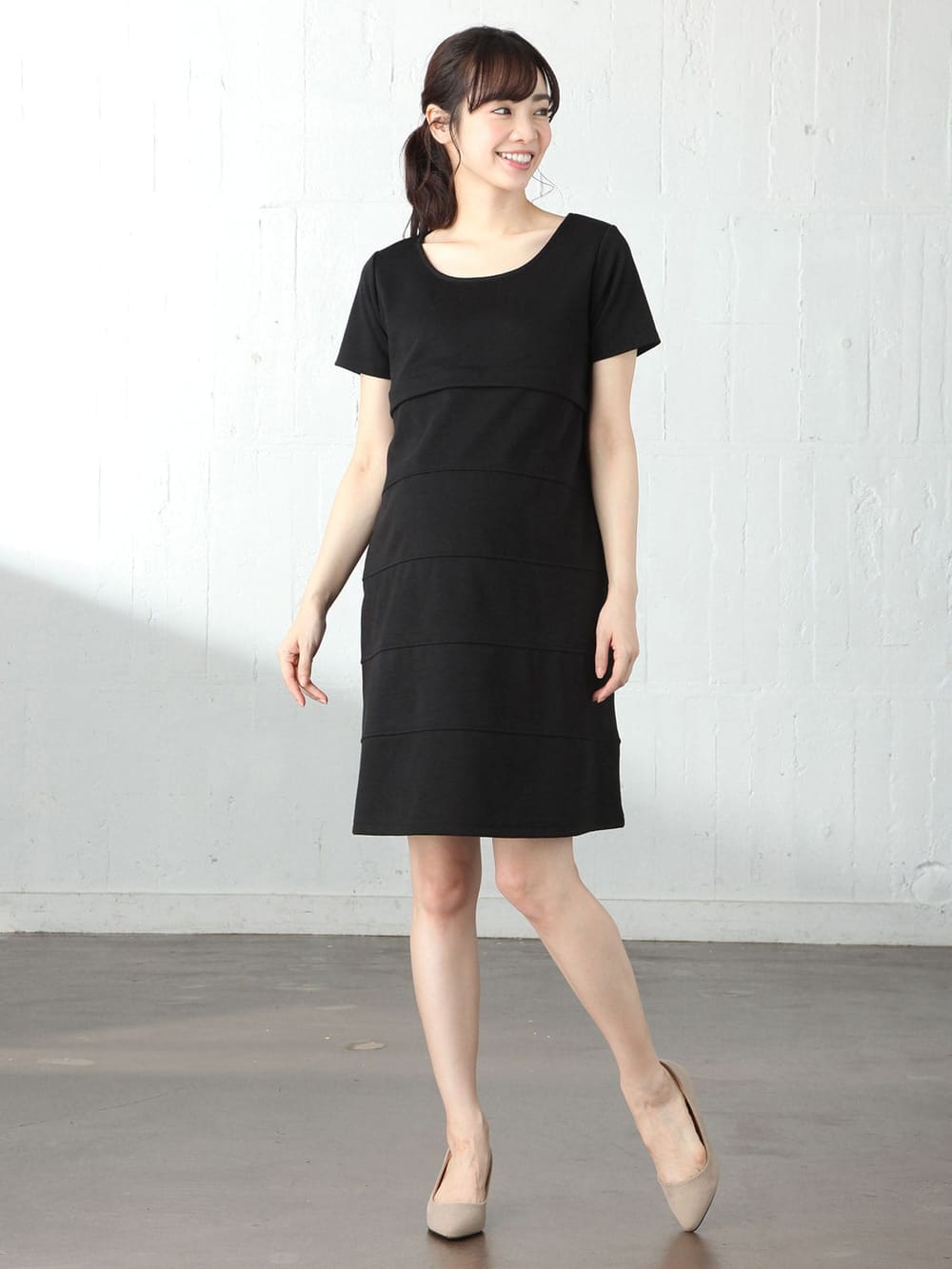 マタニティ ワンピース|LOVE MIC（ラブミック）ポンチ切替ワンピース　マタニティ・授乳服【出産後も長く使える】|ブラック