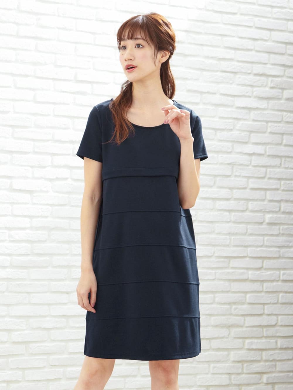 マタニティ ワンピース|LOVE MIC（ラブミック）ポンチ切替ワンピース　マタニティ・授乳服【出産後も長く使える】|ネイビー