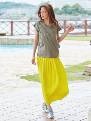 マタニティ スカート|【産前産後対応】ヴィンテージサテン ギャザーロングスカート【出産後も長く使える】|イエロー