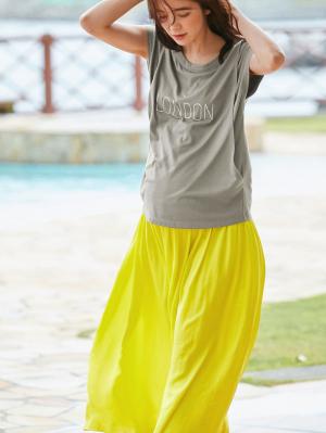 マタニティ スカート|【産前産後対応】ヴィンテージサテン ギャザーロングスカート【出産後も長く使える】|イエロー