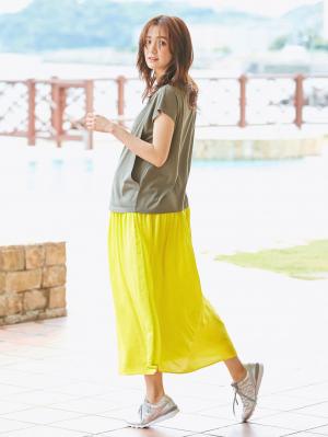 マタニティ スカート|【産前産後対応】ヴィンテージサテン ギャザーロングスカート【出産後も長く使える】|イエロー