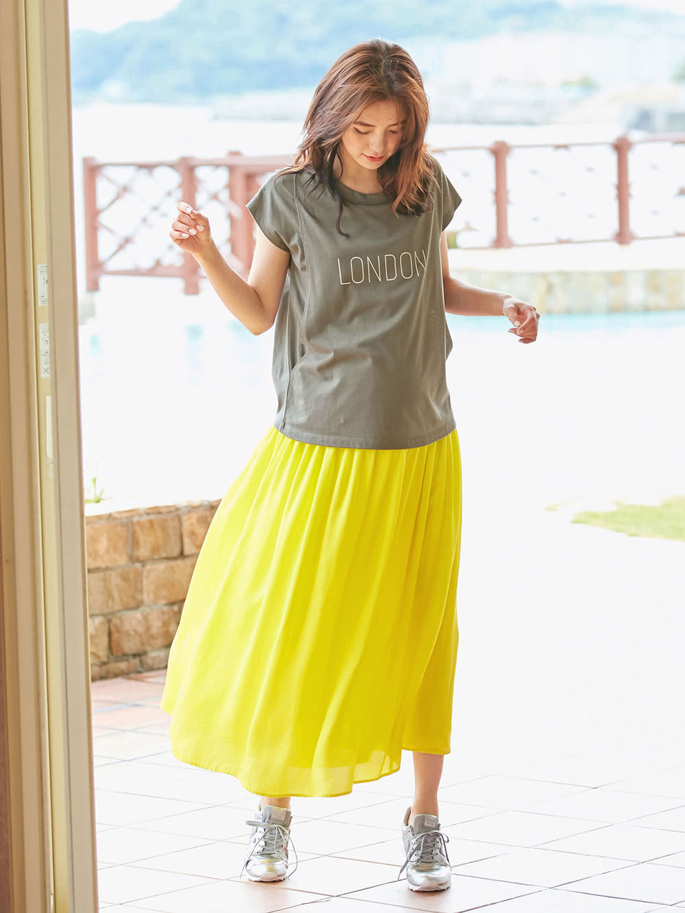 マタニティ スカート|【産前産後対応】ヴィンテージサテン ギャザーロングスカート【出産後も長く使える】|イエロー