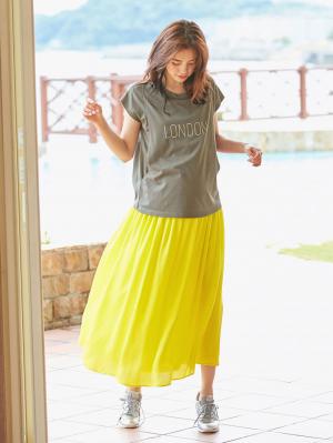 マタニティ スカート|【産前産後対応】ヴィンテージサテン ギャザーロングスカート【出産後も長く使える】|イエロー