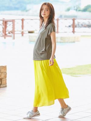 マタニティ スカート|【産前産後対応】ヴィンテージサテン ギャザーロングスカート【出産後も長く使える】|イエロー
