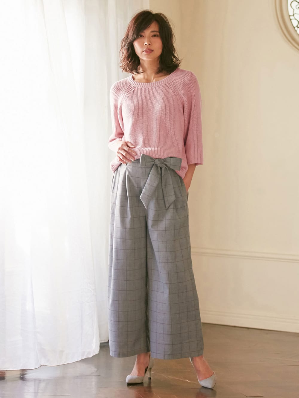 マタニティ トップス|綿混片畦編みフレアスリーブニット|グレイッシュピンク