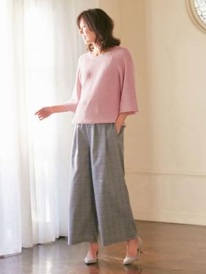 マタニティ トップス|綿混片畦編みフレアスリーブニット|グレイッシュピンク