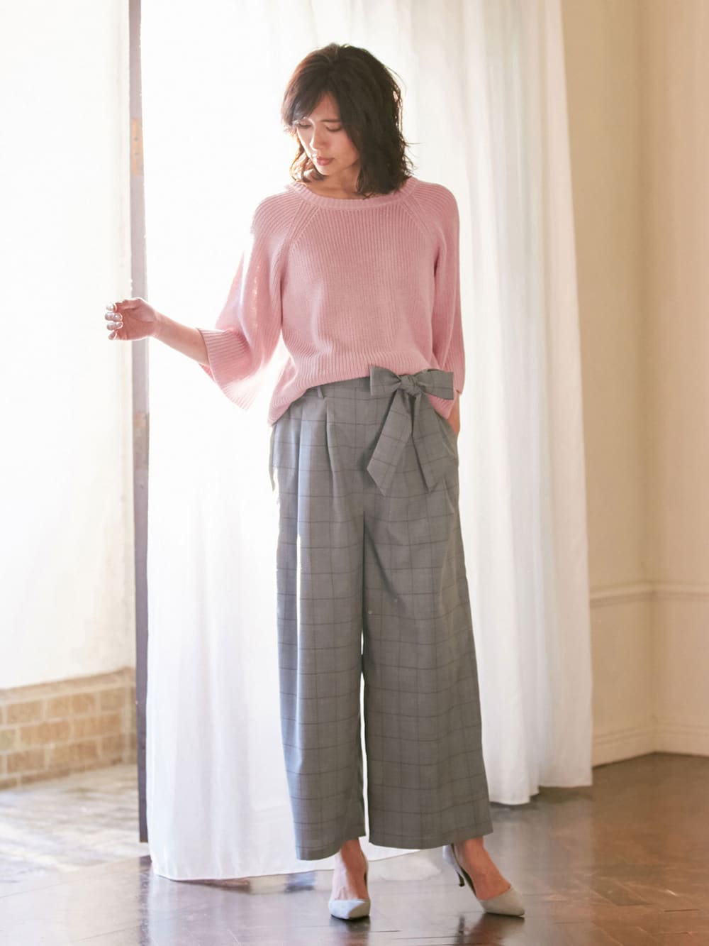 マタニティ トップス|綿混片畦編みフレアスリーブニット|グレイッシュピンク