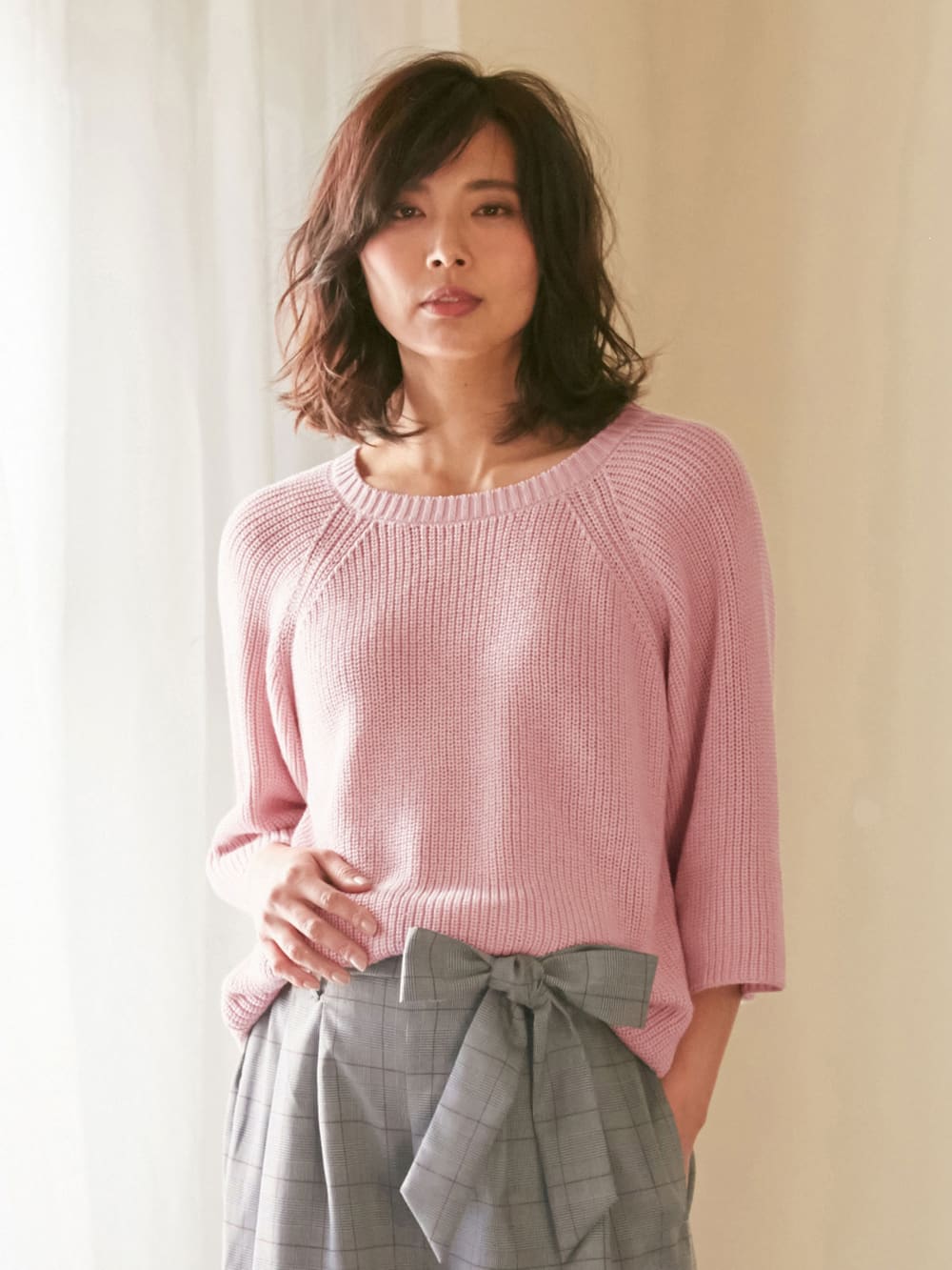 マタニティ トップス|綿混片畦編みフレアスリーブニット|グレイッシュピンク