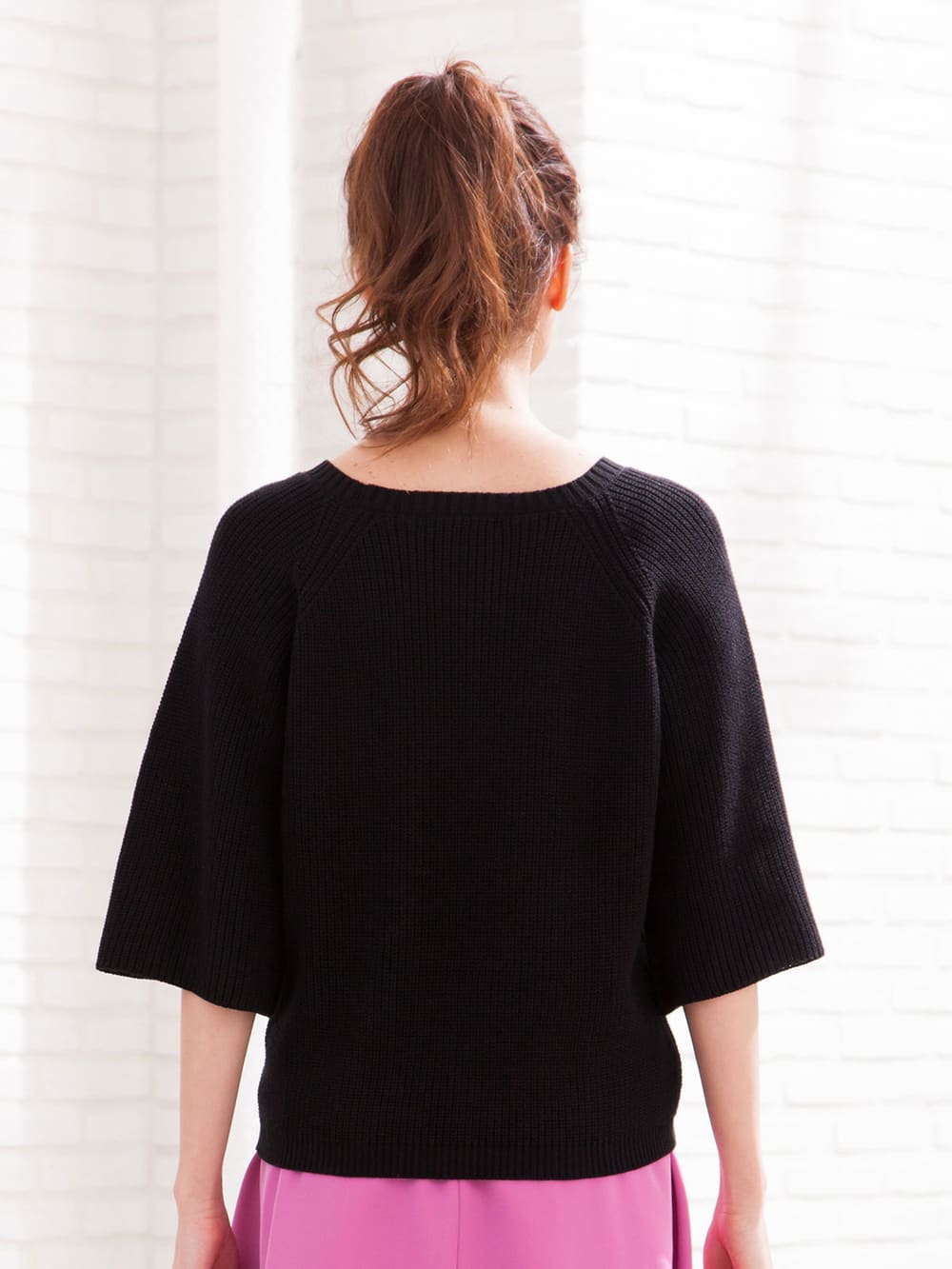 マタニティ トップス|綿混片畦編みフレアスリーブニット
